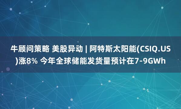 牛顾问策略 美股异动 | 阿特斯太阳能(CSIQ.US)涨8% 今年全球储能发货量预计在7-9GWh